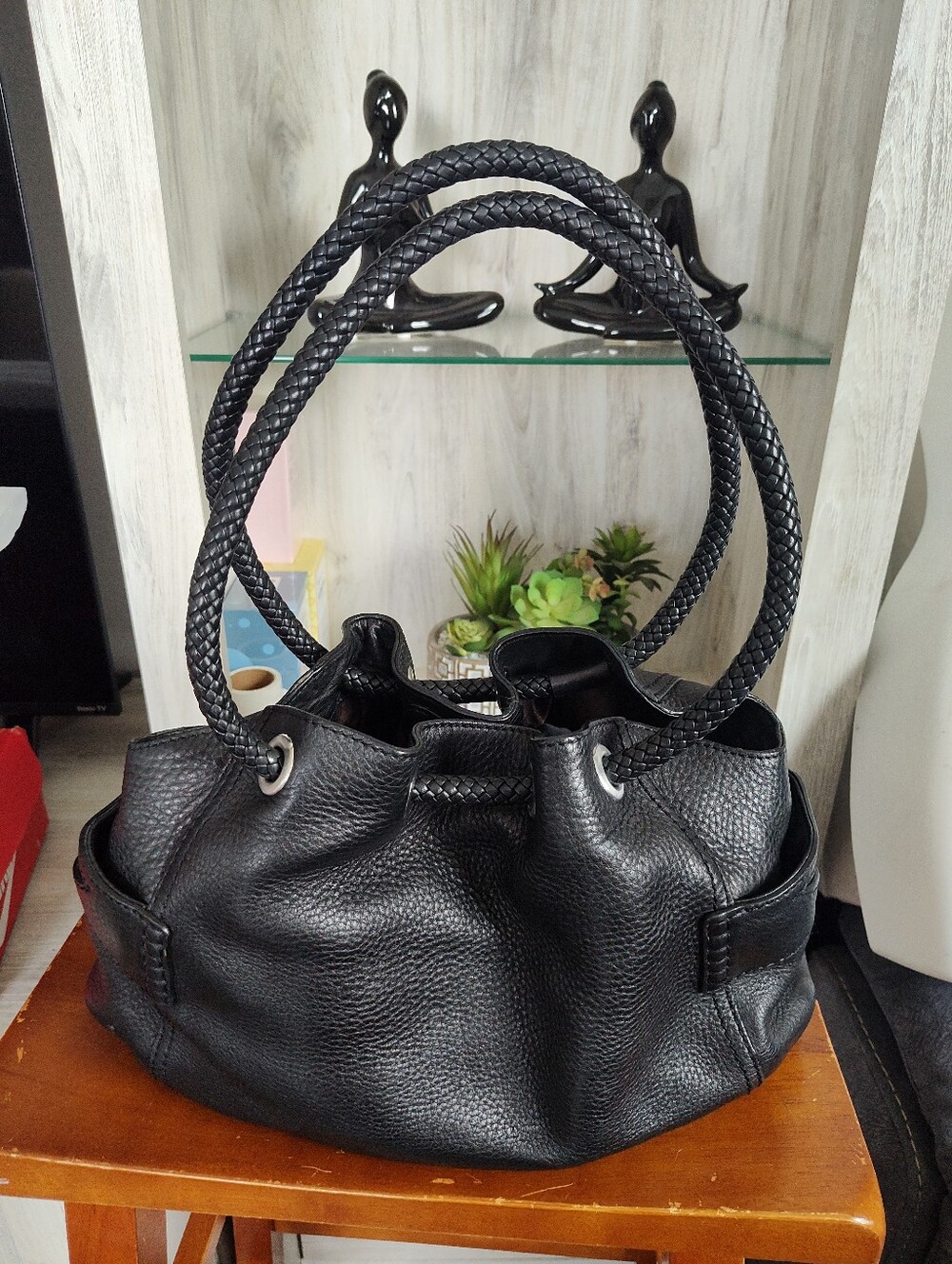 Cole Haan Black Leather Tote Bag with Braided Handles